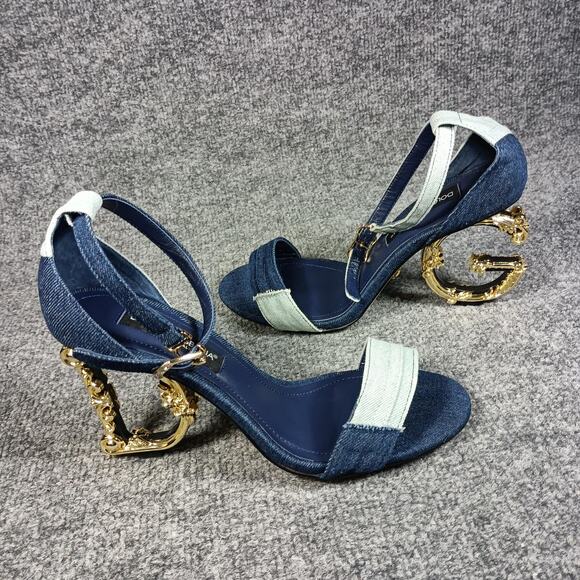 Dolce & Gabbana Shoes Womens Size 39 Blue Denim Gold Barocco Heel Sandal - Picture 1 of 16
